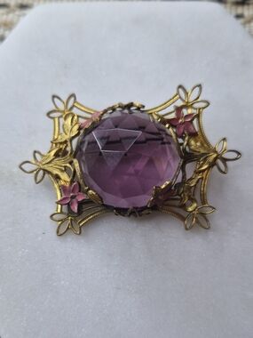Vintage Brass Purple Amethyst Glass Pink Enamel Flower Brooch Pin